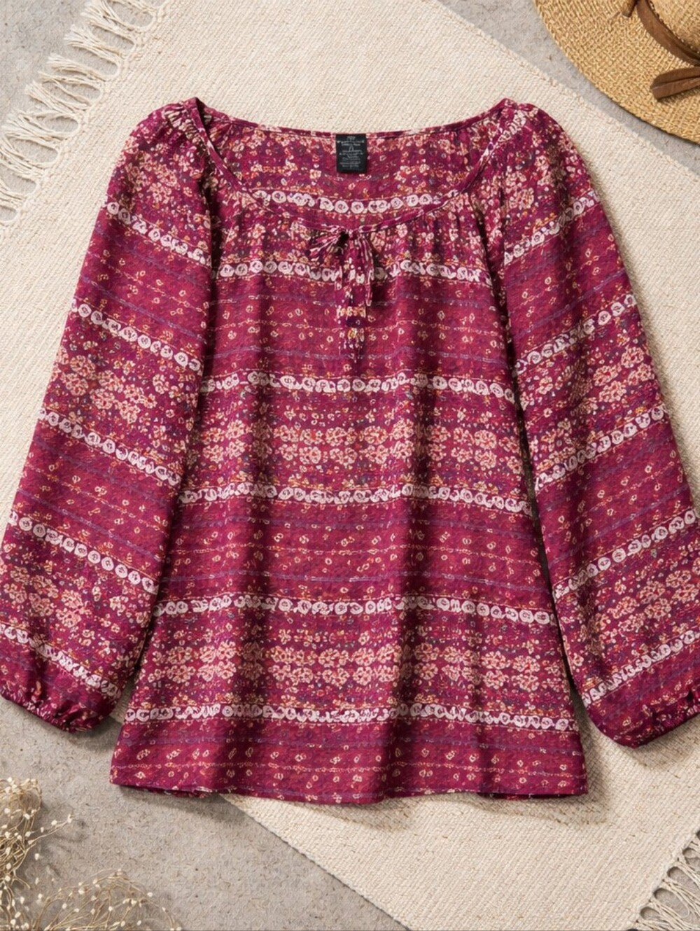Faded Glory Women’s Burgundy Floral Peasant Top. 33 Inches Long